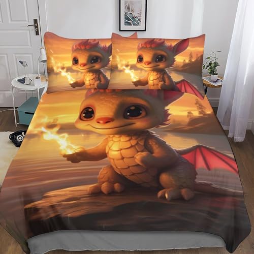 Parure de lit dragon 3D 200x200cm avec housse de couette microfibre et taie pour lit double enfant
