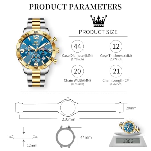 Image of OLEVS Men's Watch Luxury Sun-noon Phase Waterproof Dress Chronograph Analog Quartz Stainless Steel Multifunction Fashion Watch with Date, Big Dial 44mm, Luminous Hands Scales
