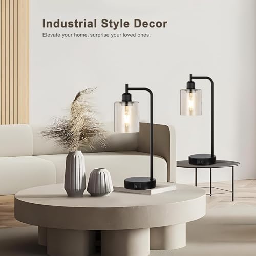Aooshine Bedside Lamps Set of 2, Industrial Touch Lamps Bedside with USB C+A Charging Ports, Bedside Table Lamps for Bedroom, Black Bedside Lamps with Clear Glass Shade for Living Room(Bulbs Included) - Image 6