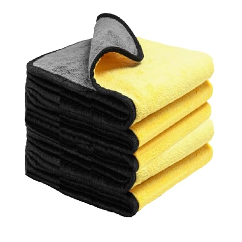 Image of Auto Hub Heavy Microfiber Cloth for Car Cleaning and Detailing, Double Sided, Extra Thick Plush Microfiber Towel Lint-Free, 800 GSM (Size 40cm x 40cm) /Pack of 5, Color: Yellow