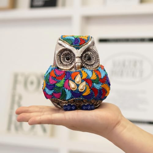 Image of Vintage Metal Owl Showpiece and Paper Weight Metal Handicraft Idol for Home Decor (Silver Stone)