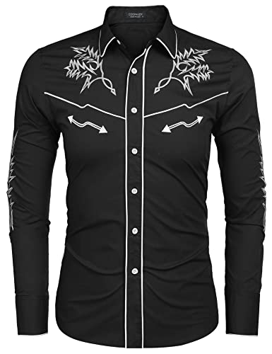 COOFANDY Men's Western Cowboy Shirt Long Sleeve Embroidered Shirt Slim Fit Cotton Casual Button Down Shirt2