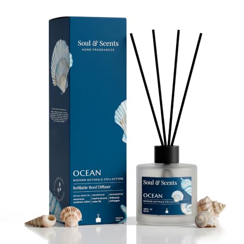 Image of Soul & Scents 50ml Ocean Reed Diffuser Set | A Blend of Sea Breeze, Melon & Driftwood | Get 5 Rattan Reed Sticks | Smoke Less Room Freshener for Home, Bedroom, Living Room & Office