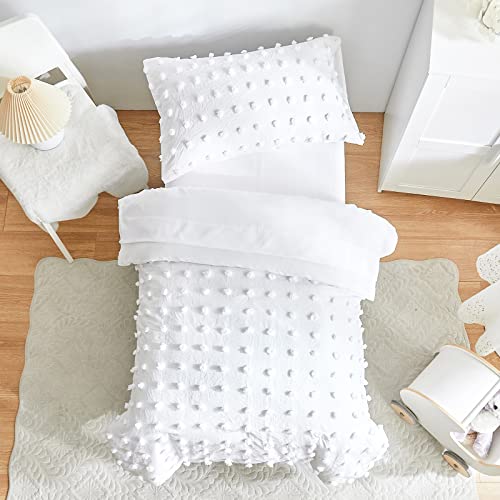 4 Piece Tufted Dots Toddler Bedding Set Solid White Jacquard Pom Pom Tufts, Soft And Embroidery Shabby Chic Boho Design For Baby Boys Girls, Includes Comforter, Flat Sheet, Fitted Sheet And Pillowcase #TOP2