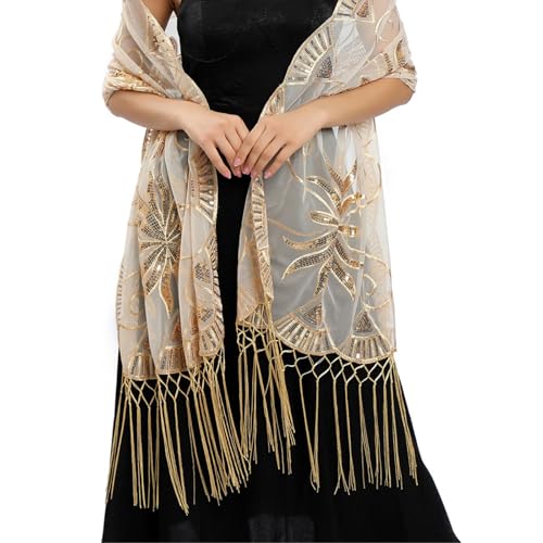 Fringe Trim Embroidered Sequin Shawl Wraps for Women Evening Dresses