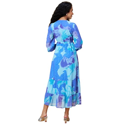 Image of Globus Women Pink Abstract Print V-Neck Casual Tie-Up Fit and Flare Tiered Maxi Dress-3639580001