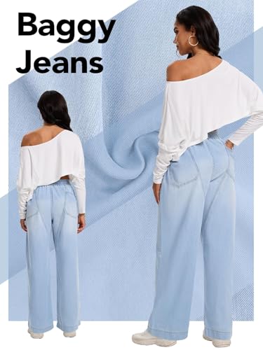 Wide Leg Elastic Waist Jeans for Women Trendy High Waist Stretchy Soft Drape Baggy Jeans Multi Pockets Womens Pants4