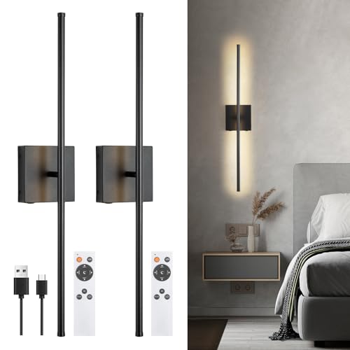 Image of Battery Operated Wall Sconces Set of Two Wireless with Remote Control,350Rotate,3000K-6000K Black Modern LED Rechargeable Indoor Wall Lights for Living Room,Bedroom,Stairs,27.5 Inch (2 Pack)
