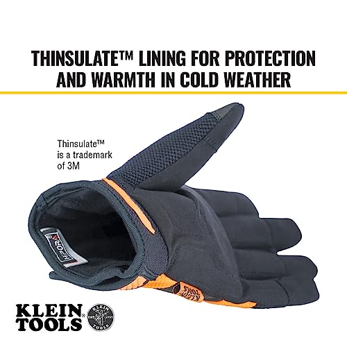 Klein Tools 60621 Gloves, Thinsulate Lined Thermal Winter Weather Work Gloves, Hook and Loop Wrist Closure, Size XL, Knit Orange/Black Fabric