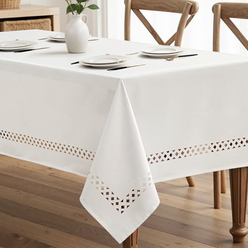 MIULEE Toalha de mesa imitação linho de 140x180 cm retangular impermeável e à prova de manchas com um elegante design de corte adequada para mesas de sala de jantar, cozinha, jardim e festas Branco
