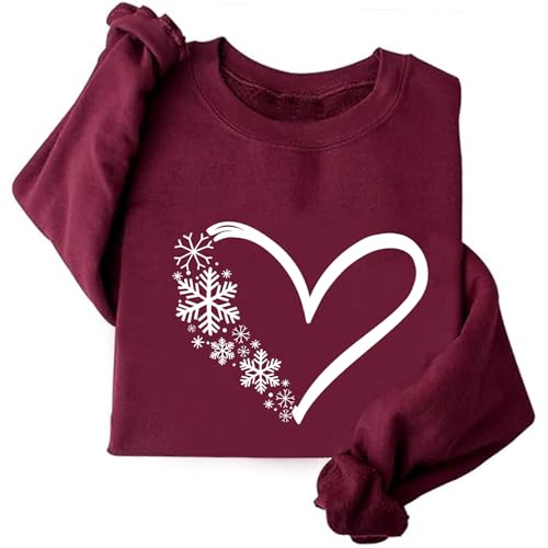 Image of TONGCHEN Christmas Holiday Snowflake Heart Love Sweatshirt For Women Crewneck Pullover Winter (US, Alpha, XX-Large, Regular, Regular, Wine Red)