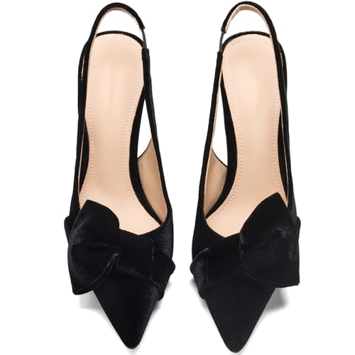 Image of Women's Slingback Heels with Bow Pointed Toe Pumps with Elasticated Strap 3.3 inch High Heels for Evening Dress Shoes
