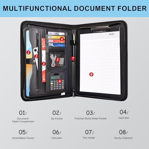 Image of Eshow Padfolio for Men Women, Leather Portfolio with Zipper - Professional Interview Resume Organizer with Card Holder, Writing Pad & File Folders for Business, Lawyer, Student