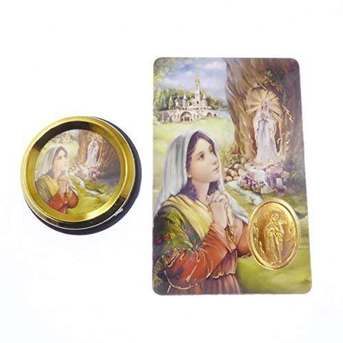 CBC Catholic Our Lady of Lourdes car plaque gift magnetic adhesive gold + prayer card