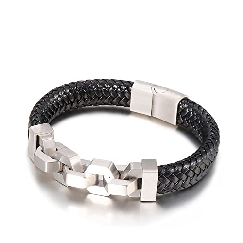 Bracelet cuir tressé 21.5cm KnSam avec chaîne acier punk fantaisie pour homme