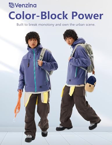 Image of Venzina Men's Waterproof Rain Jacket-Lightweight Windbreaker with Color Block Design, Breathable for Urban Outdoor, Daily Commuting I Fashion Unisex Couple Jacket