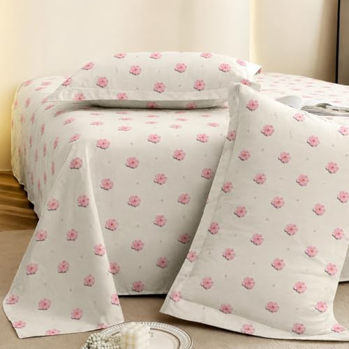 Image of DECOR2ADMIRE 300TC Glace Cotton Printed Super King Size Double Bedsheet with Two Pillow Covers, 108 x 108 Inches or 9 Feet x 9 Feet - (Pink Blossom Whisper)