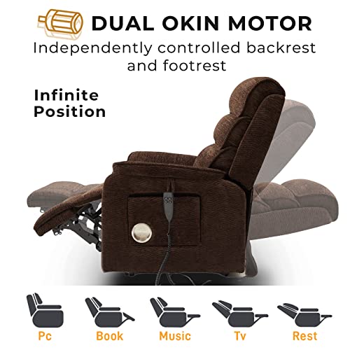 Irene House 9188 Se Lay Flat Sleeping Dual Okin Motor Lift Chair Recliners For Elderly Infinite Position Electric Power Recliner With Heat Massage, Left Side Tray Table (Brown Chenille) #TOP4