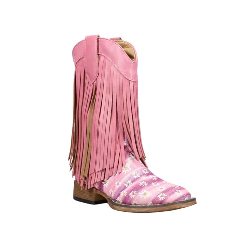 ROPER Kids Girls Double Fringe Glitter Metallic Square Toe Casual Boots Mid Calf - Pink2