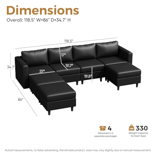 Image of ABCASA 118.5 inch Faux Leather Modular Sectional Sofa, 7 Seater U Shaped Couch with Storage Seat with Reversible Chaise Deep Seat for Living Room Black