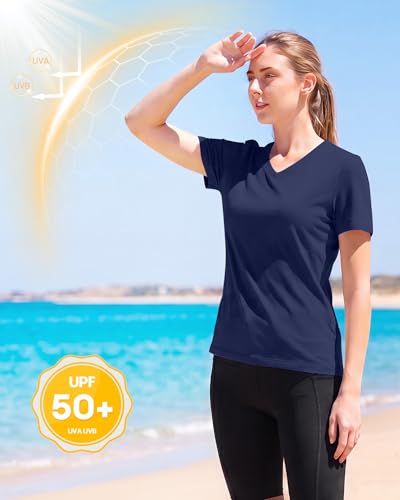 Image of Runhit Womens Workout Tops Short Sleeve UPF 50+ Athletic Sun Shirts Quick Dry V Neck T-Shirt Moisture Wicking Gym Hiking Tee