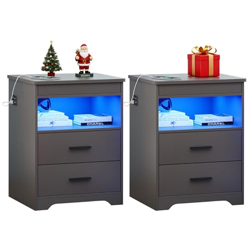 FREDEES LED Nachtisch 2er Set mit Verstecktem Schublade, Nachttisch mit Ladestation und 3 Farben Menschensensorlichter, Moderner Nachttisch mit Stauraum, Grau