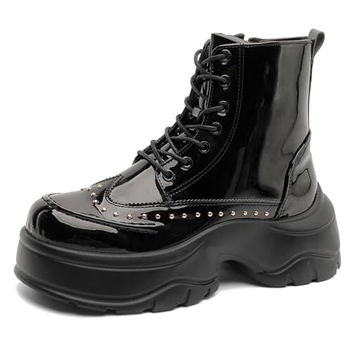 OXNGDMDM Men's Patent Leather Rivet Platform Motorcycle Boots with Side Zipper Fashion Comfortable Non Slip Chunky Block Heel Goth Dress Combat Ankle Boots for Street Biker (Black,10.5)