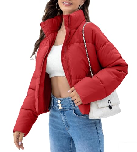 WHN Women s Cropped Quilted Puffer Jacket Outerwear Coats Winter Warm Long Sleeve Stand Collar Zipper Padded Jacket with Drawstring and Pockets Red M
