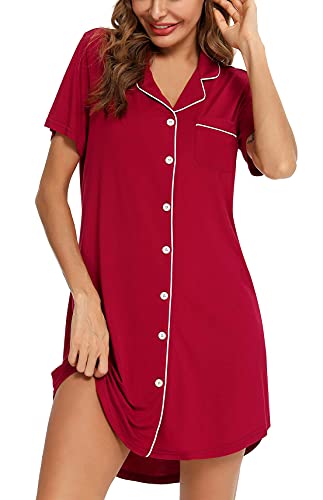 Image of Samring Pajama Nightgown for Women Short Sleeve Button Down Boyfriend Night Gown Nightdress Sleep Shirts