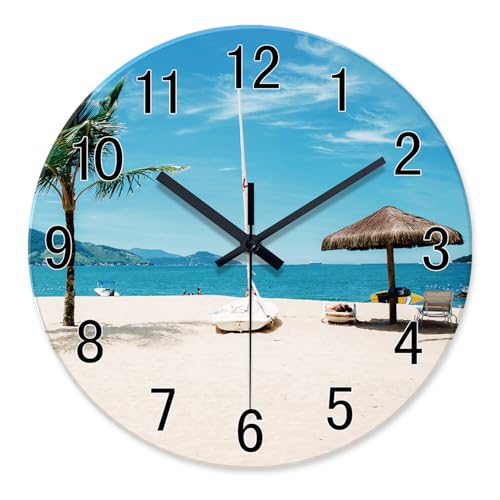Image of Blue Beach Wall Clock Battery Operated 16 Inch Tropical Coastal | Round Glass Silent Non Ticking Analog Nautical Wall Clocks for Bedroom Living Room Office Kitchen Decor