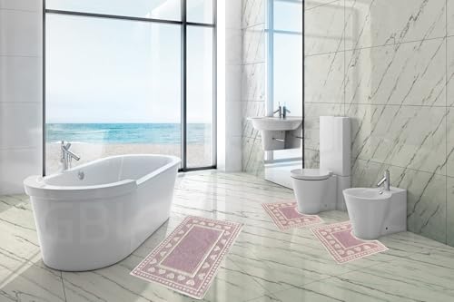 Tappeto Bagno Parure Morbido Assorbente Lavabile Moderno mod. SASSARI Set 3 Pezzi in Cotone (Rosa)