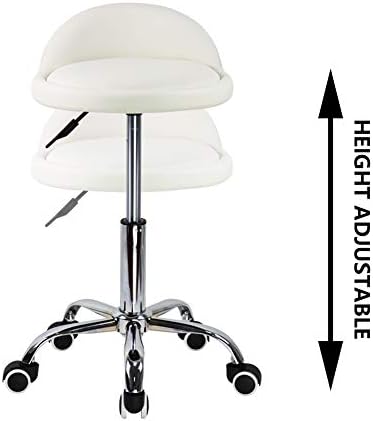 KKTONER PU Leather Round Rolling Stool with Back Rest Height Adjustable Swivel Drafting Work SPA Task Chair with Wheels (White)