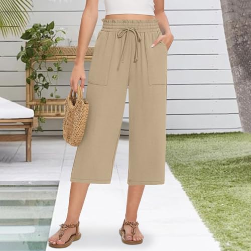 Capri Pants for Women Elastic Waist Wide Leg Pants Summer Casual Quick Dry Trousers with Pockets for Walking2