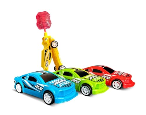 Sweet Flash Lolly Racer Confezione da 4 pezzi – Auto pieghevole con lecca e fischietto – Giocattolo per caramelle per compleanni dei bambini, feste o regalini – 4 pezzi in set