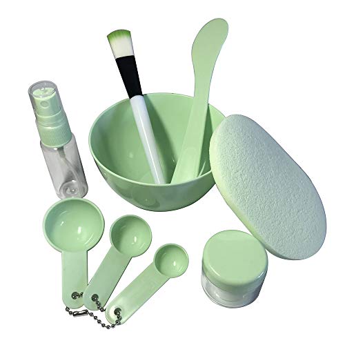 iFlyMars DIY Facemask Mixing Tool Sets, Lady Facial Care Mask Facemask Mixing Tool Sets, Mask Bowl Spatula Brush Spray Bottle Puff Soaking Bottle Gauges Pack of 9 (Green)