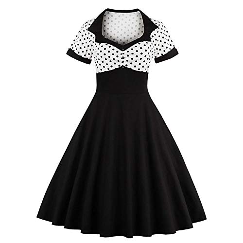 KILLREAL Women's Vintage Style 1950's Retro Short Sleeve Polka Dot Printed Swing Cocktail Dress Black Small