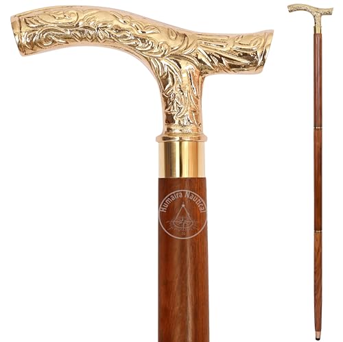 Humaira Nautical Bastón Derby para hombres y mujeres, 37 pulgadas, mango en forma de T de madera de ébano marrón en tono dorado de madera natural unisex Humaira Nautical Bastón Derby para hombres y mujeres, 37 pulgadas, mango en forma de T de madera de ébano marrón en tono dorado de madera natural unisex