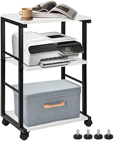 YIERYA Upgrade Printer Stand, Computer Tower Stand, 3-Tier Printer Cart Under Desk with Storage, Machine Cart with Wheels and Adjustable Table Top, Heavy Duty Storage Rack for Office and Home(Cream)