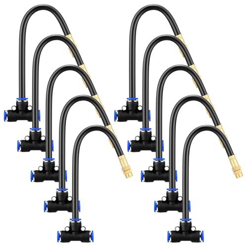 Zonon 10 Pcs Brass Misting Nozzles Tee with 8 Inch Built in Hose 360 Degree Rotation Adjustable Water Mister Nozzles Thread Sprayer 0.043" Misting Parts and Accessories for Patio Outdoor Cooling