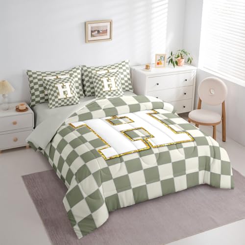 Image of Erosebridal Sage Green Checkered Queen Bed in A Bag 7 Piece Plaid Initial H Comforter Set with Sheets Personalized Monogram Bedding Sets for Kids Adults,Fashion Grids Gingham Bed Set