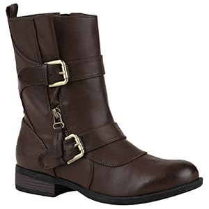 stiefelparadies Damen Stiefeletten Biker Boots Leicht Gefütterte Booties Schnallen Schuhe 150205 Dunkelbraun Schnallen 37 Flandell