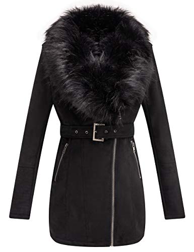Bellivera Women's Faux Suede Leather Long Jacket, Wonderfully Parka Coat with Detachable Faux Fur Collar 7922 Black L