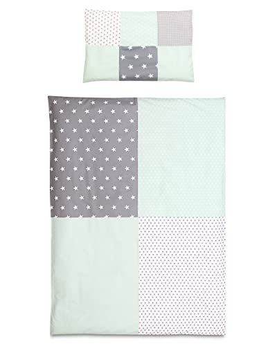 ULLENBOOM ® Parure de Lit Enfant Gris Mint (2 pièces: taie d’Oreiller Patchwork 40x60 cm & Housse de Couette 100x135 cm)