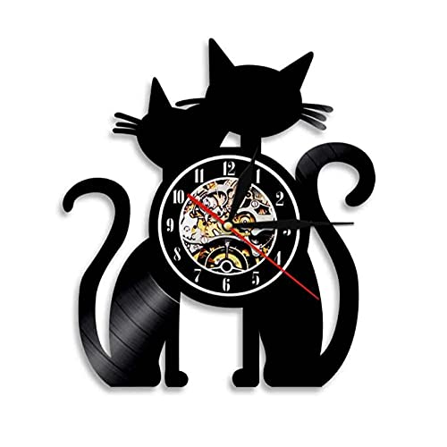 Reloj de pared, luz nocturna LED, diseño de disco de vinilo hecho a mano, silueta de gatos, pieza decorativa moderna para amantes de los gatos