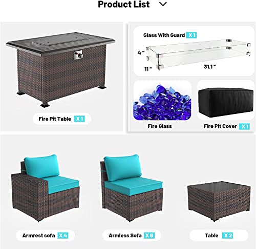 Kullavik 13 Pieces Outdoor Patio Furniture Set with 43" 55000BTU Gas Propane Fire Pit Table PE Wicker Rattan Sectional Sofa Patio Conversation Sets,Blue