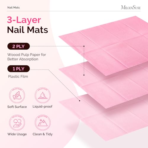 Image of MelodySusie Disposable Nail Mats, 125Pcs 3-Ply Absorbent Nail Art Table Pads with PE Backing, 18 inch x 13 inch Nail Desk Protection for Manicure Pedicure, Salon Home DIY Pink