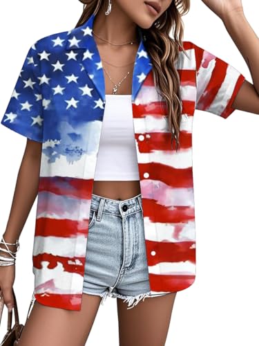 Image of American Flag Shirt for Women 4th of July USA Button Up Tops Summer Hawaii Floral Patriotic Stripes Graphic Tee