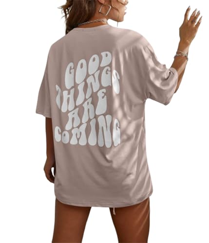 Tomwell T-Shirt Damen Kurzarm Sport Sommer Oberteile Oversize Tshirt mit Buchstaben Muster Lose Rundhals Rückendruck Bluse Teenager Mädchen Tunika Lang Top D Dunkelkhaki L