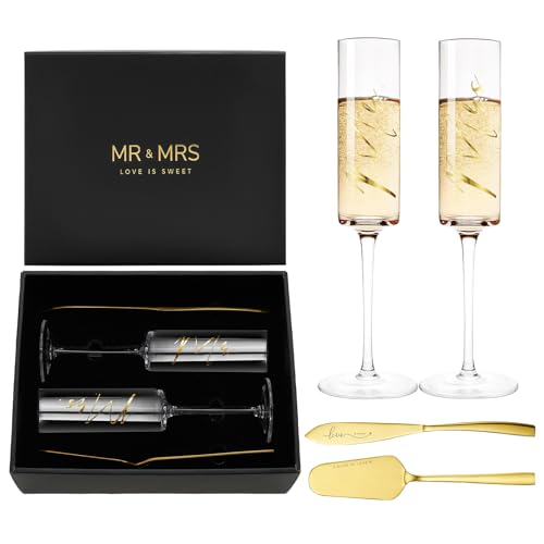 Image of AW BRIDAL 4Pcs Mr and Mrs Champagne Flutes with Gold Wedding Cake Knife