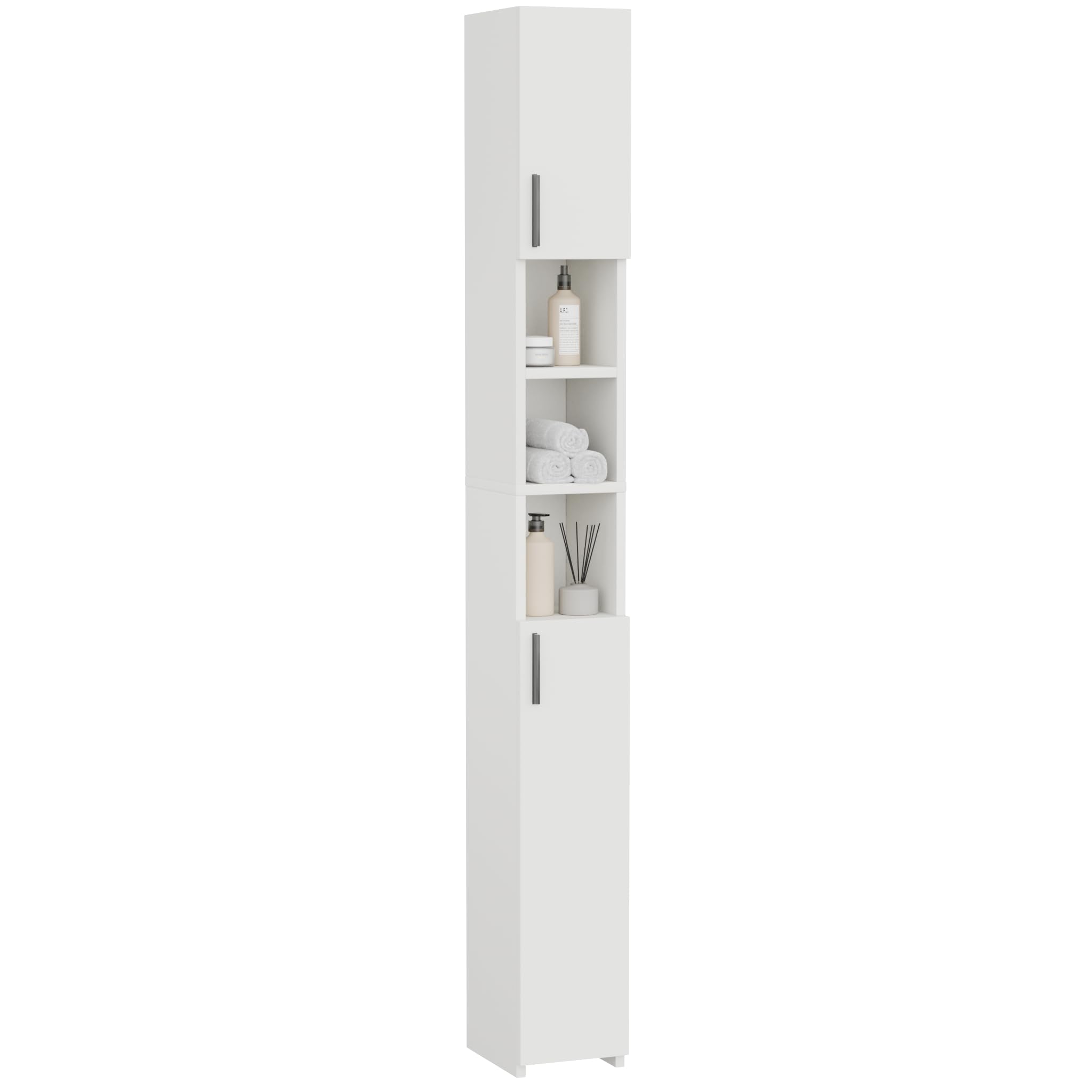 Mueble de Baño Alto y Estrecho, 2 Puertas, Blanco | Mueble Auxiliar de Baño, Estantería Ideal para Salón y Cocina, Columna de Almacenamiento